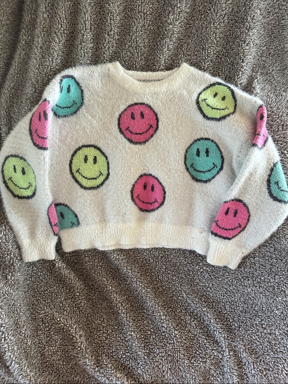 Justice Cream Crewneck Sweater with Pink, Green & Teal Smiley Faces